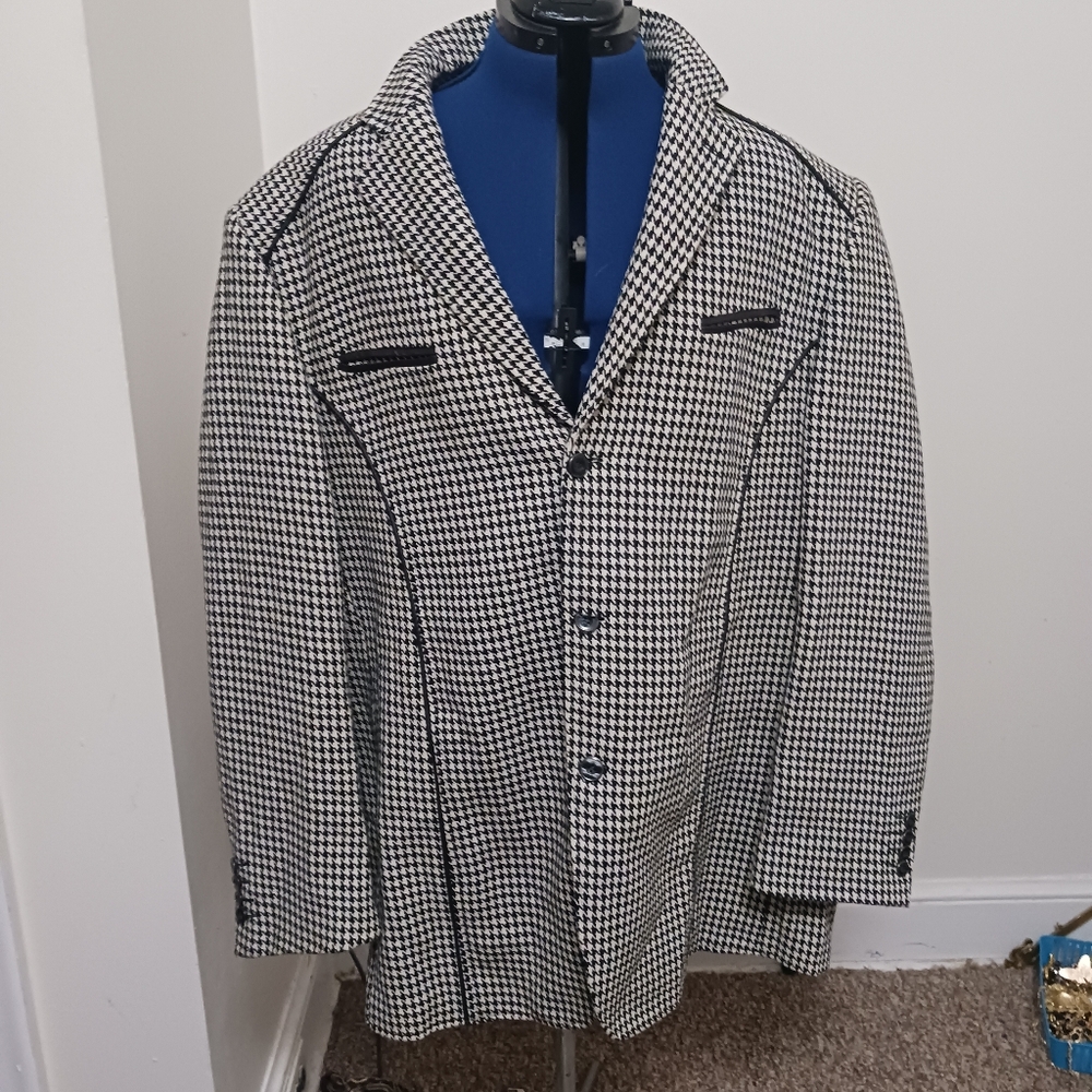 Vtg Mens Coat 4xl Houndstooth Black White Big Guys